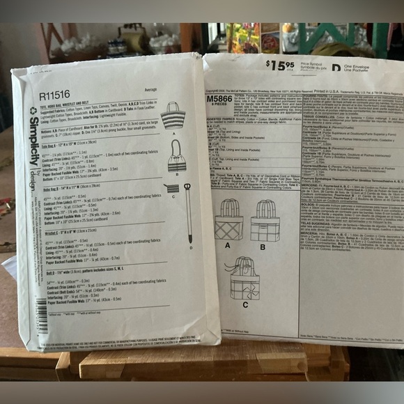 2 Patterns Crafts, Never Cut! McCalls M5866 & Simplicity R11516 - Picture 2 of 3